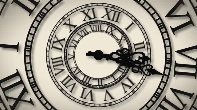 Close up view of an old vintage clock face with roman numerals and moving hands time watch antique hour minute