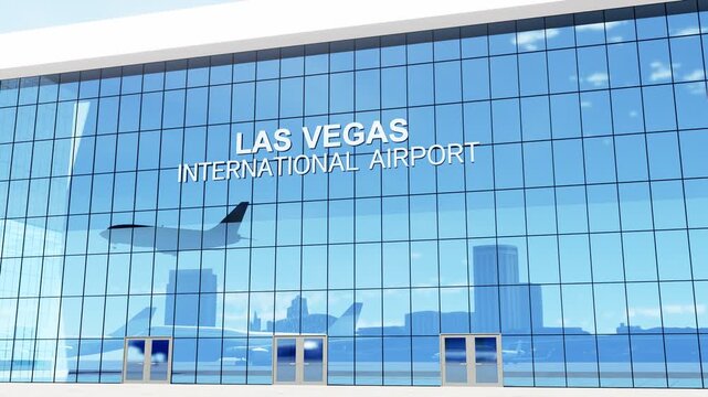 Commercial passenger airplane landing at Las Vegas Airport, featuring the airport terminal and aviation infrastructure, ideal for air travel, tourism, airport arrivals, transportation, and travel cont