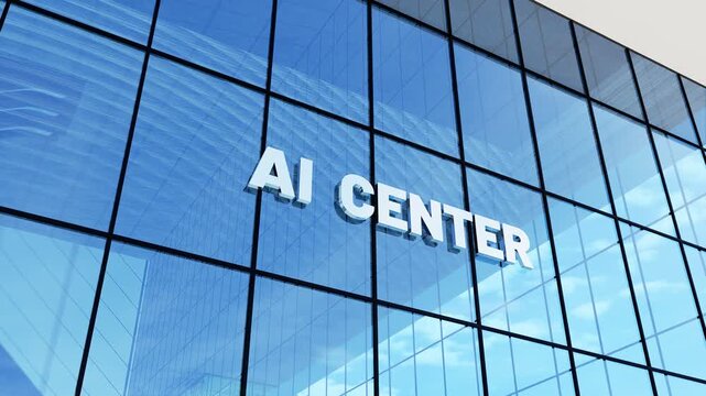 Modern glass building with prominent "AI Center" signage, ideal for artificial intelligence, technology, innovation, research, software, and corporate business concepts.
