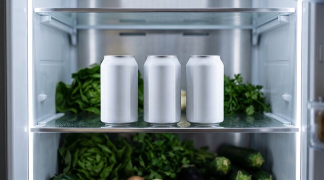Three Blank White Aluminum Beverage Cans on Glass Shelf Inside Modern Refrigerator
