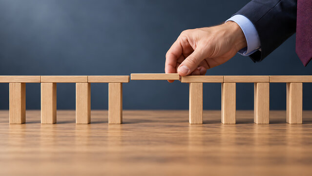 Businessman connecting wooden bridge blocks across gap representing problem solving collaboration continuity strategy partnership overcoming obstacles and creating successful business