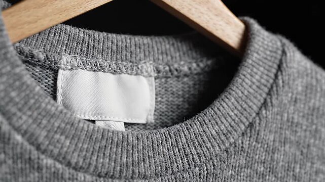 Grey knit sweater with blank white label on wooden hanger