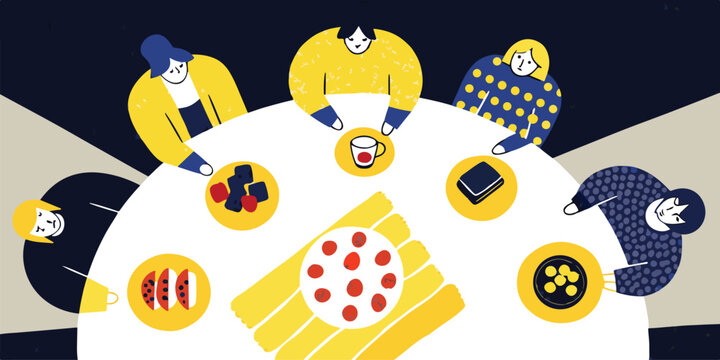 Top down view of diverse people sitting around a round table sharing food with group dinner social gathering meal time eating together dinner party friends eating flat design home cooking