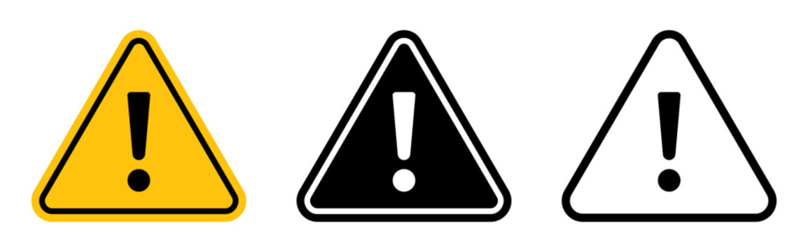Warning alert attention hazard icon set, Triangle exclamation mark, Caution alarm danger sign collection in yellow, black and white.