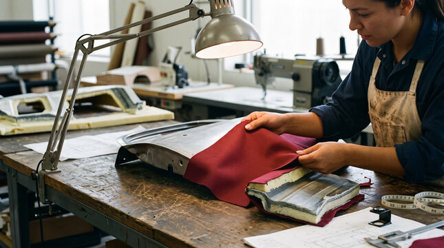 Craftswoman Fitting Fabric Sample on Automotive Seat Part in Workshop. Concept of crimson, design, material, upholstery, craftsman, interior design, textile.