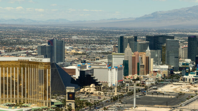 LAS VEGAS, NV, APR 28, 2026: Aerial view of the Las Vegas Strip showing Mandalay Bay, Luxor, MGM, New York-New York, and other resorts against a mountain backdrop