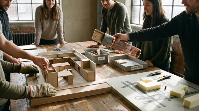 Creative architecture team working on architectural cohousing model with materials in shared design studio. Concept of real, fine, foam, scale model, interior design.