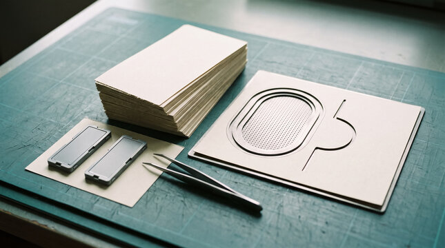 Blank paper cards and craft embossing tools on cutting mat in printmaking workshop. Concept of admission, field, ticket, paper mockups, stationery.