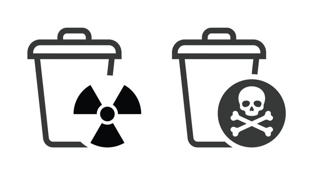 Minimalist vector illustration of waste bins featuring radioactive warning symbols and toxic hazard skull icons