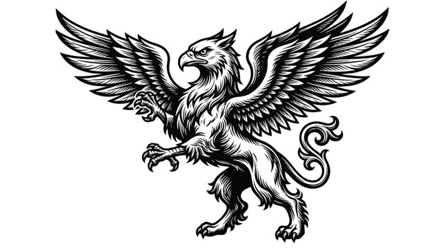 Majestic griffin creature vector illustration featuring spread wings and sharp talons in bold black ink style