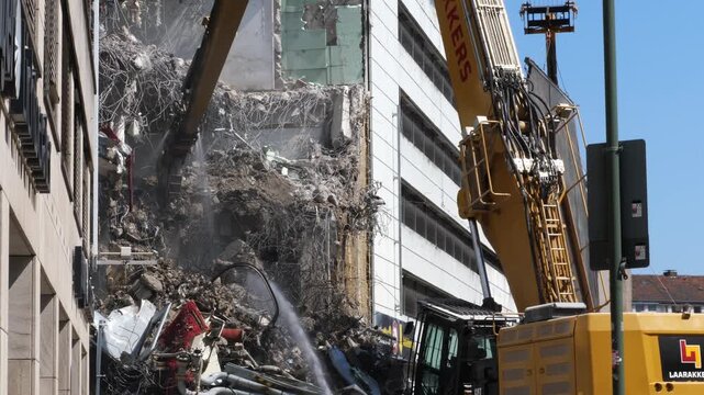 Heavy Excavator Boom at Urban Building Demolition Site | Construction Work, Concrete Rubble and Road Signs