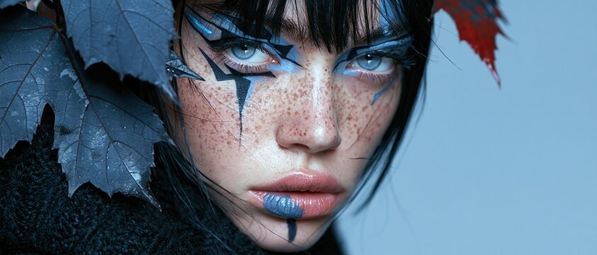 Freckled woman framed by dark leaves with blue graphic face paint and striped lips in a close-up portrait Theme of mystical seasonal beauty