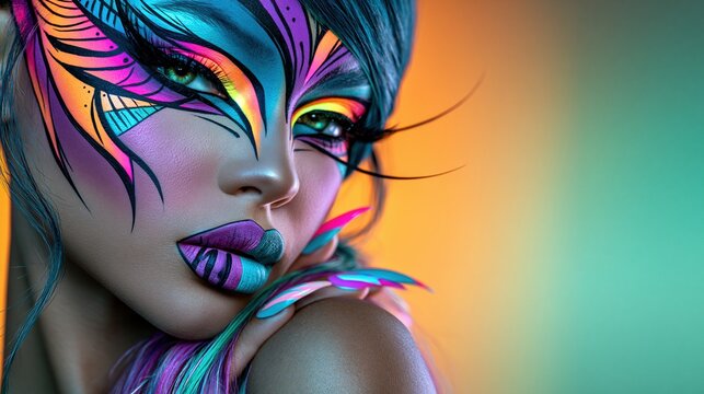 Close-up woman with turquoise hair and elaborate purple pink and orange graphic makeup resting her hand near her face against a luminous teal background Expression of artistic beauty