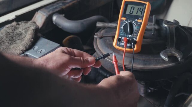 Technician checks electrical readings on a multimeter while working on a car engine, with tools and components visible in the garage setting, highlighting the detailed process of diagnostics