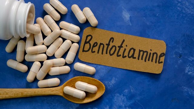 Benfotiamine capsules and vitamin supplements. Selective focus.