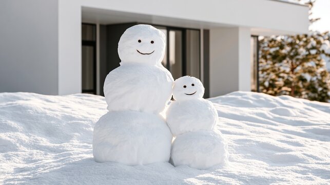 Two festive snowmen representing a family, happily standing side by side in a snowy landscape outside a modern house on a sunny winter day