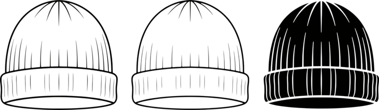 Winter beanie hat mockup template trio with outline and silhouette styles