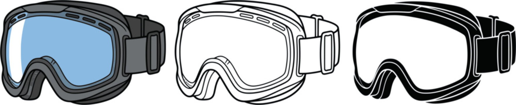 Winter ski goggles mockup template trio with snowboarding eyewear and silhouette styles