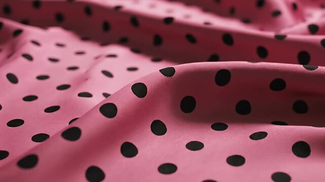 Pink fabric with black polka dots in wavy folds
