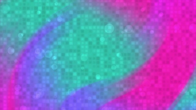 Abstract digital background with vibrant neon pink and teal gradient dots.