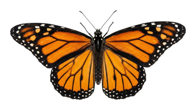 Detailed monarch butterfly with vibrant orange and black wings on a white background