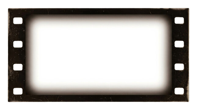 Vintage film strip border with perforations and scratches on a white background