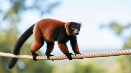 Fototapeta premium Red ruffed lemur carefully walking a suspended rope, looking forward, showing agility and precision against blurred greenery
