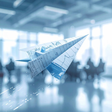 A paper plane featuring financial charts flies through a modern office, symbolizing rapid business growth and innovation. This conceptual image contains no people, perfect for corporate themes.