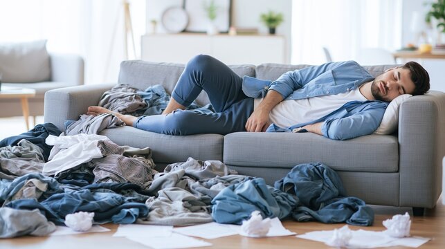 Young man sleeping soundly on a cluttered sofa, finding rest amidst a disorganized room filled with laundry and paper