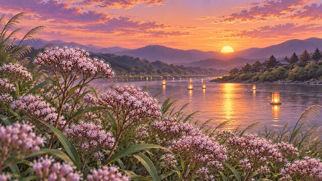 Pale pink thoroughwort flowers by a riverside at sunset with floating paper lanterns on the water, soft anime-style panoramic illustration