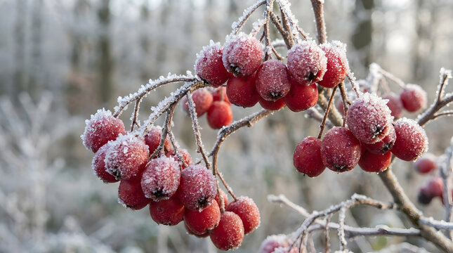 Frost Covered Branch with Bright Red Rowan Berries in Snowy Winter Nature, Frozen Tree Fruit and Seasonal Outdoor Botanical Background