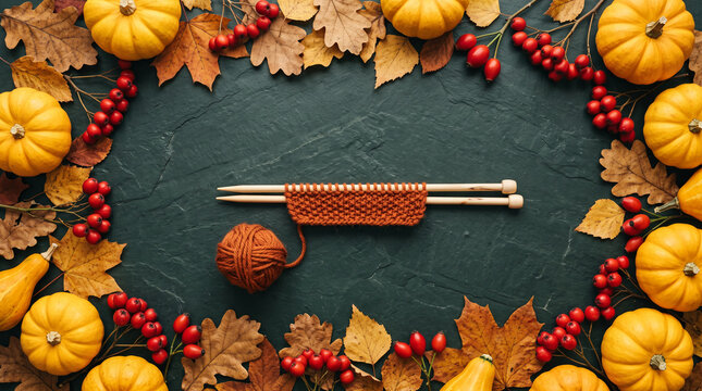Autumnal frame of pumpkins, leaves, and berries surrounds knitting needles and yarn, symbolizing cozy craft.
