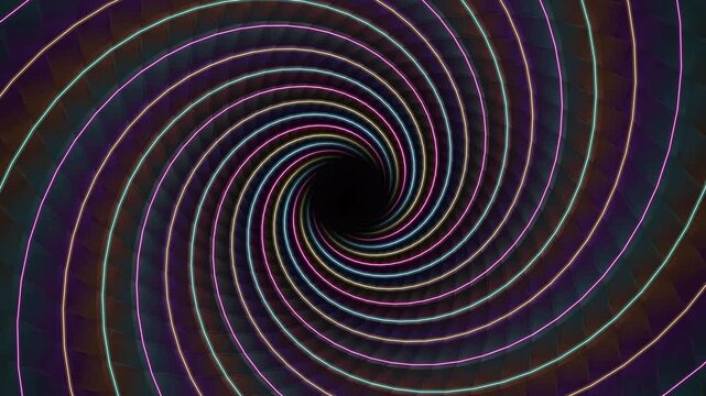 Abstract vortex tunnel video clip. Neon glowing spiral motion background