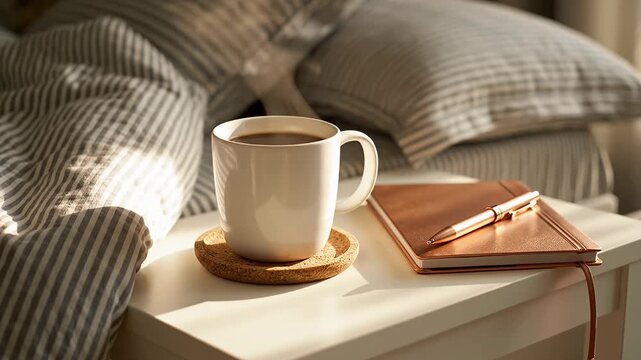 Steaming coffee and notebook on bedside table in morning light