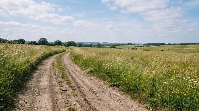 Rustic dirt path winding through golden wheat field under clear skies