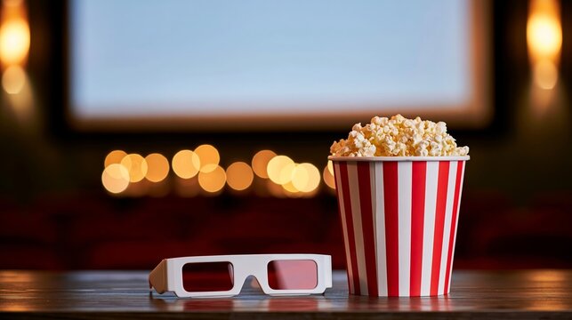 Popcorn and 3D glasses on table, enjoying cinema experience, watching film in movie theater