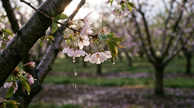 Blooming Cherry Tree Branch with Raindrops in Spring Orchard at Sunset. Concept of rain, blossom, weather, season, cherry blossom, spring rain, fruit tree, flower branch.