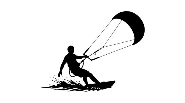 Kitesurfer silhouette against a white background depicts watersport action