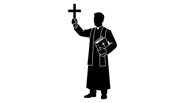 Silhouette of a priest holding a cross and bible against a white background