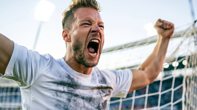 Soccer player celebrating goal, screaming with excitement, arms raised in triumph, mud on white jersey