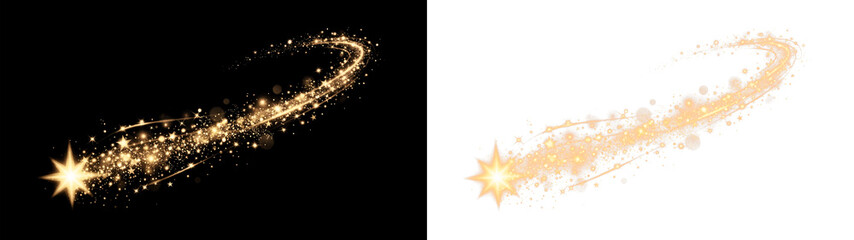 A glowing golden magic star trail with sparkling dust particles and light bokeh effects. High-quality PNG, isolated on transparent background, perfect for festive graphic design and holiday overlays. © Tatyana