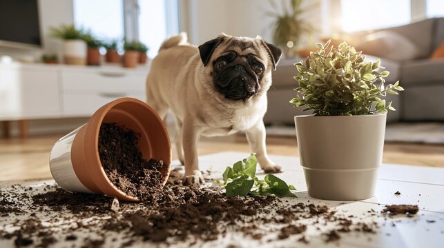 Pug dog standing next to overturned flower pot with spilled soil on bright modern living room floor