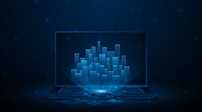 Smart city technology featuring a hologram floating in front of a laptop. A futuristic urban architectural concept; city design utilizing advanced digital technology.
