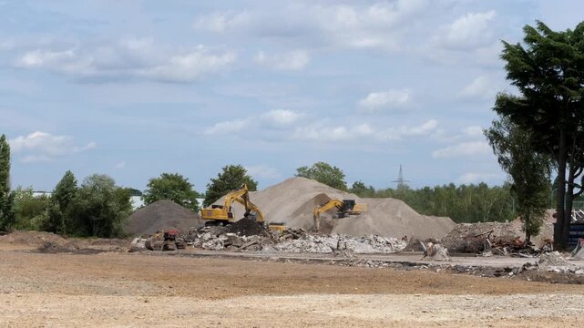 Heavy Excavators Operating on Sand Mounds | Industrial Construction Site and Earthmoving Work