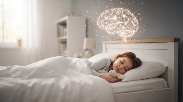 Child girl sleeping in bed with glowing digital brain hologram above head. Concept of dream, imagination, child development and mental activity during sleep. Innovation in cognitive science.