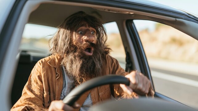 Caveman driving modern car with shocked expression, experiencing technology and culture shock