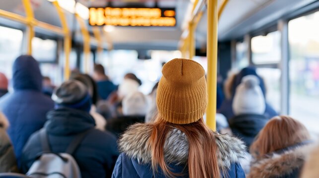 People commuting on a crowded city bus during winter, wearing warm hats and coats, a glowing destination display