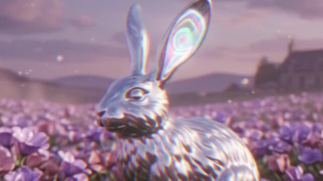 Cute Easter Bunny Rabbit on the Beach and in the Garden Grass, Cartoon Animal Illustration with Pink and Blue Water, Nature Holiday Decoration, Fun Vector Art