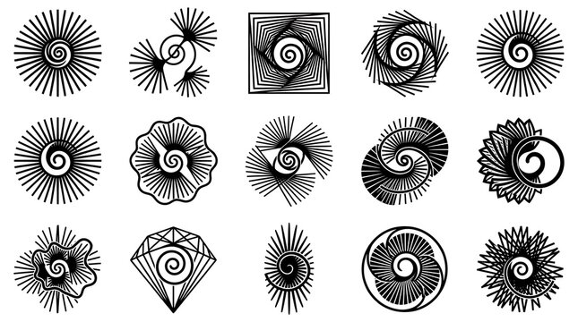 Geometric spiral icons set, black abstract line art symbols, 15 decorative hypnotic vector elements for logo design and branding