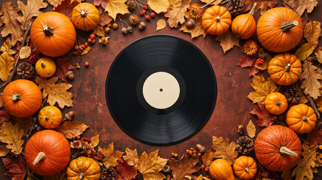 Autumnal frame of pumpkins, leaves, and pinecones surrounding a vinyl record, symbolizing seasonal music and harvest festivities
